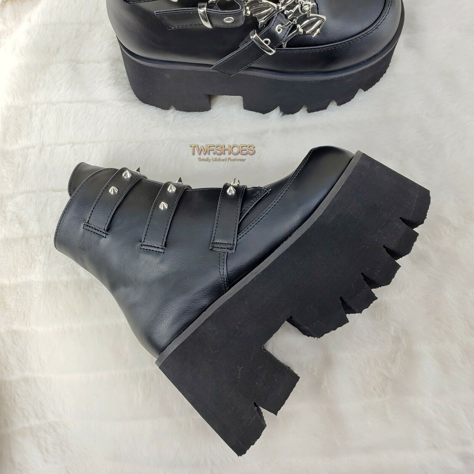Demonia Ashes 55 Black Bat Buckle 3.5" Platform Heel Goth Boots RESTOCKED NY - Totally Wicked Footwear