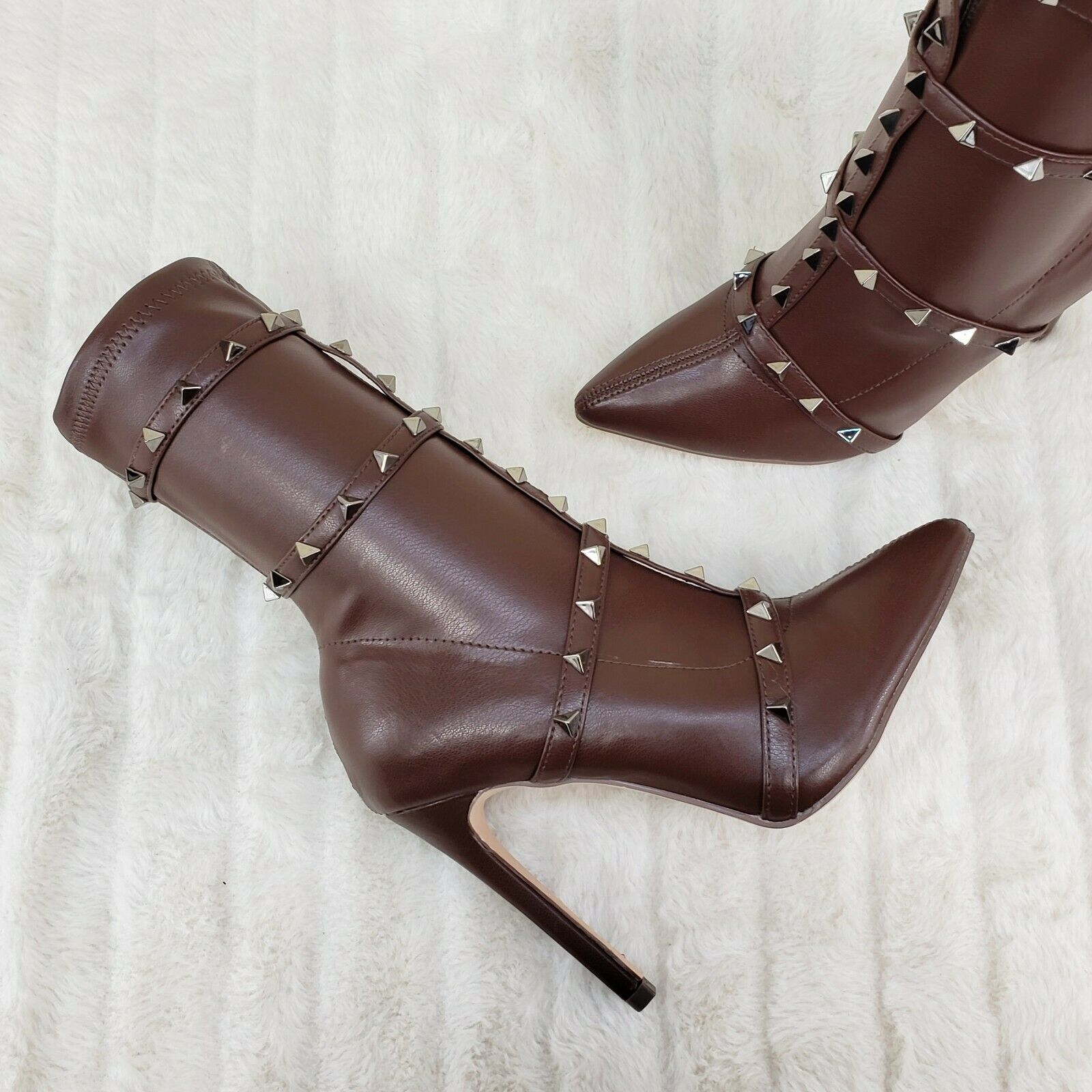 Mark Pyramid Stud Strap High Heel Pointy Toe Stretch Ankle Boots Mocha Brown - Totally Wicked Footwear