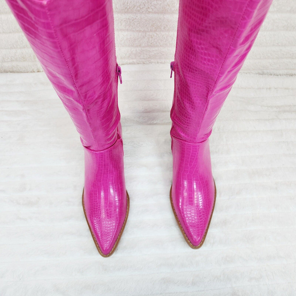 Sissy Fuchsia Pink Snake Texture Western Knee High 2" Heel Cowgirl Boots - Totally Wicked Footwear