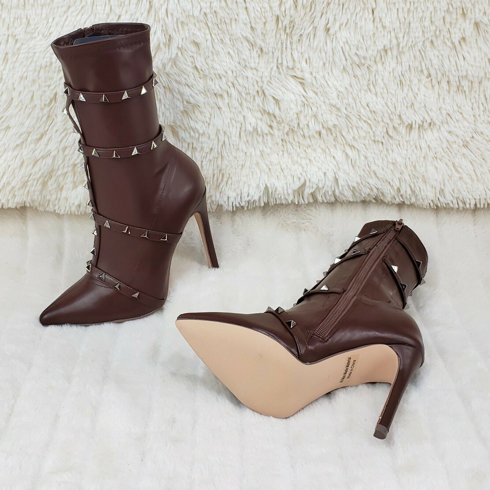 Mark Pyramid Stud Strap High Heel Pointy Toe Stretch Ankle Boots Mocha Brown - Totally Wicked Footwear
