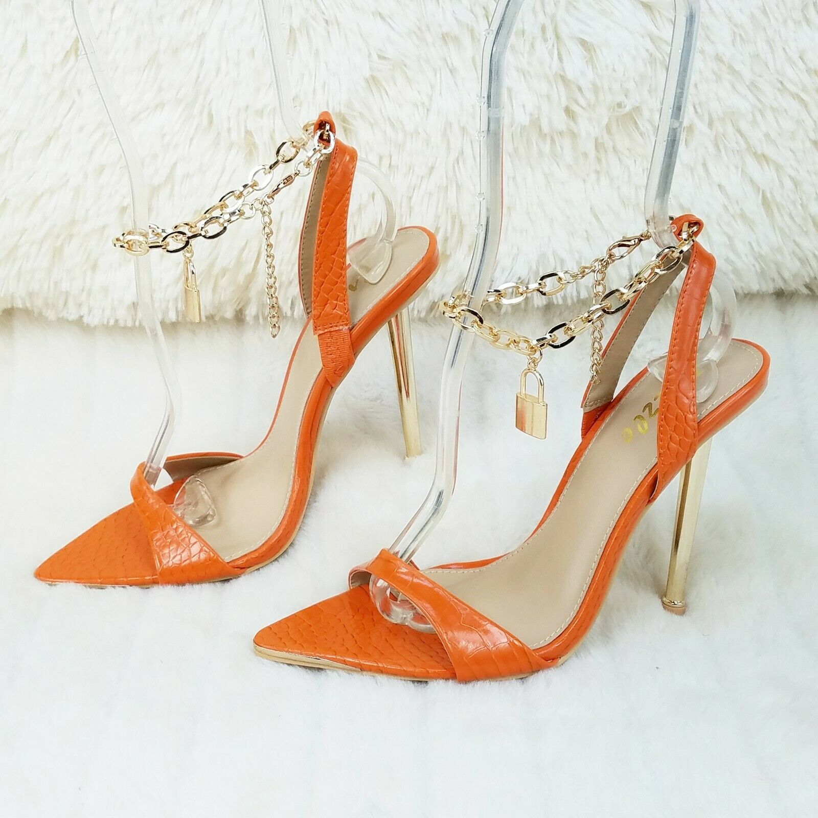 Nicely Pad Lock Chain Strap High Heels Metal Toe Tip Shoes Orange - Totally Wicked Footwear