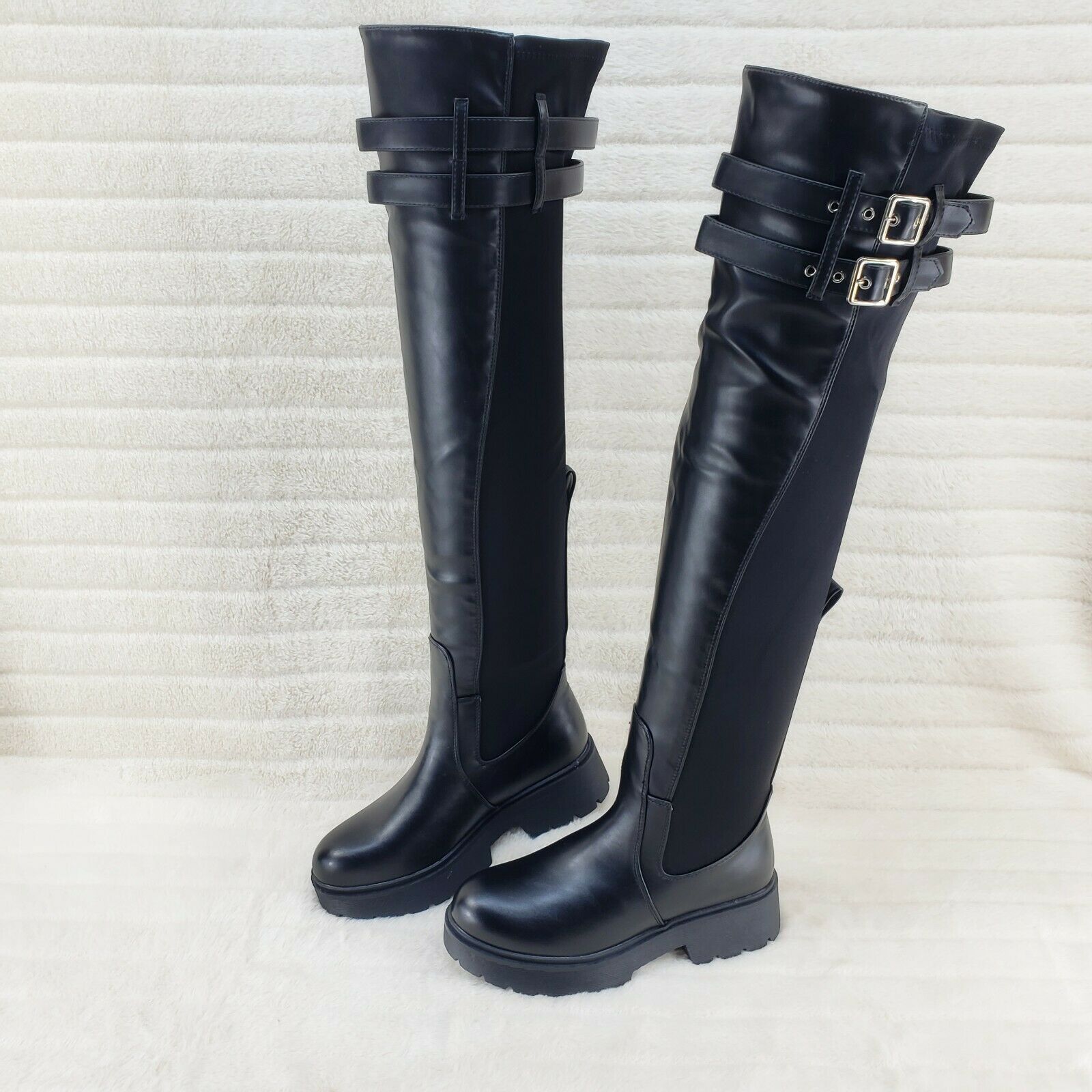 Techno Baby Black Leatherette Spandex Stretch Panel Lug Sole Thigh High Boots - Totally Wicked Footwear