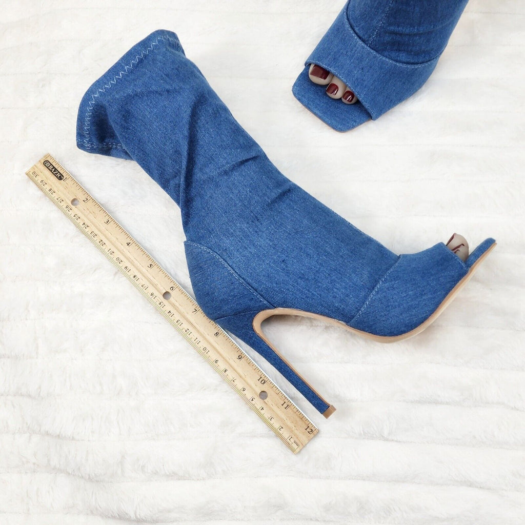 Sexy Blue Stretch Denim Square Open Toe High Heel Ankle Mid Calf Boots - Totally Wicked Footwear
