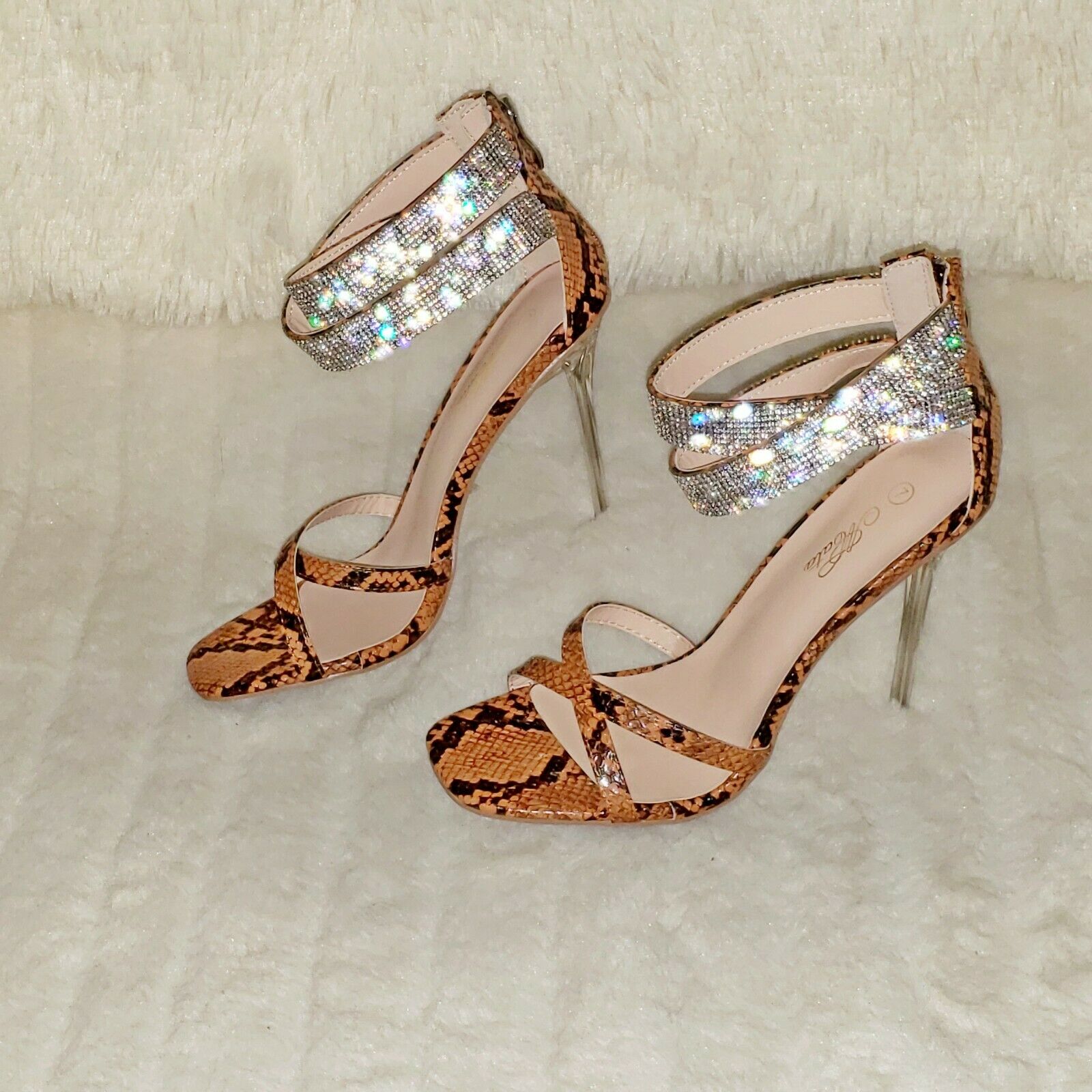 Mata Brown Snake Print Rhinestone Double Ankle Strap Closed Back High Heel Shoes - Totally Wicked Footwear