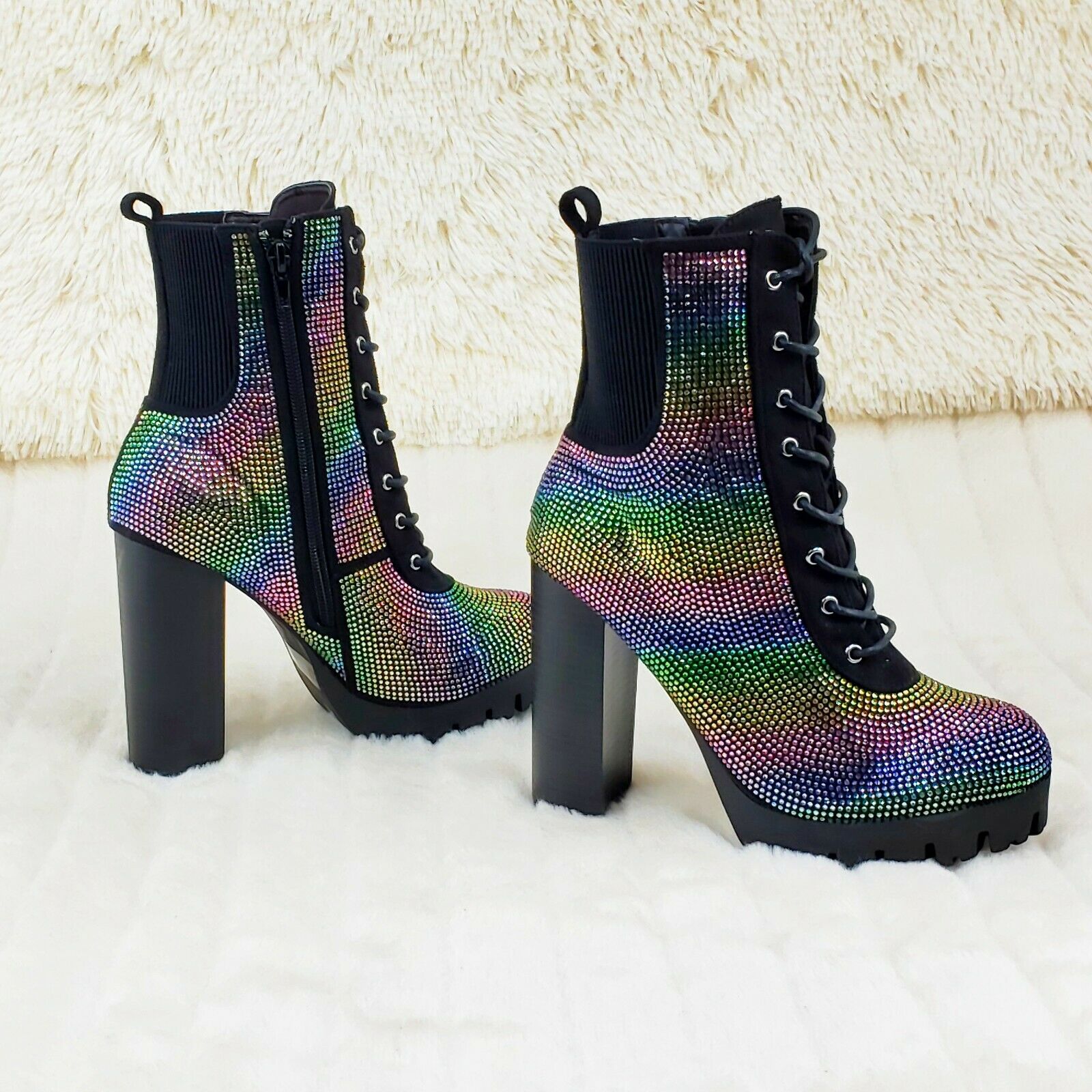 Wild Diva Veronica Rainbow Rhinestone Chunky Heel Ankle Boots Black - Totally Wicked Footwear