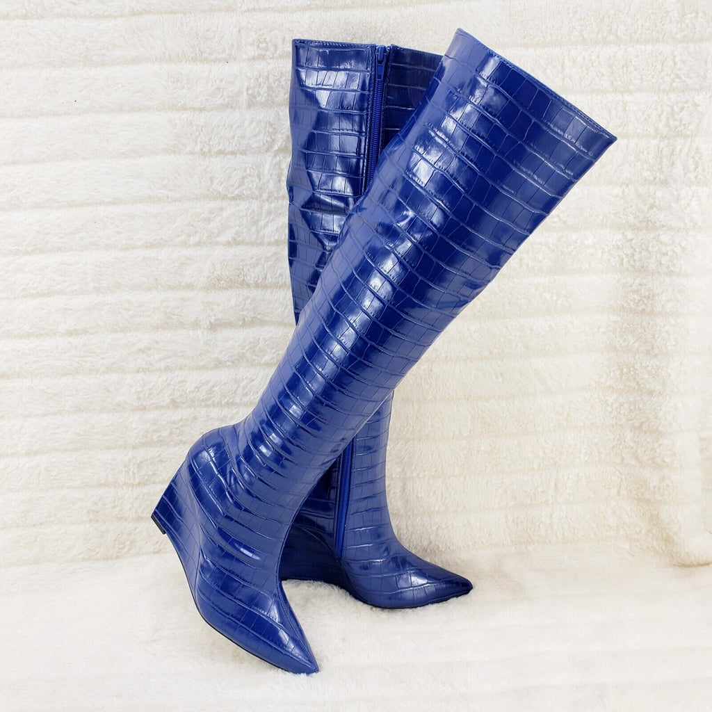 Deep Blue Reptile Texture Knee High Wedge Heel Boots Lexis - Totally Wicked Footwear