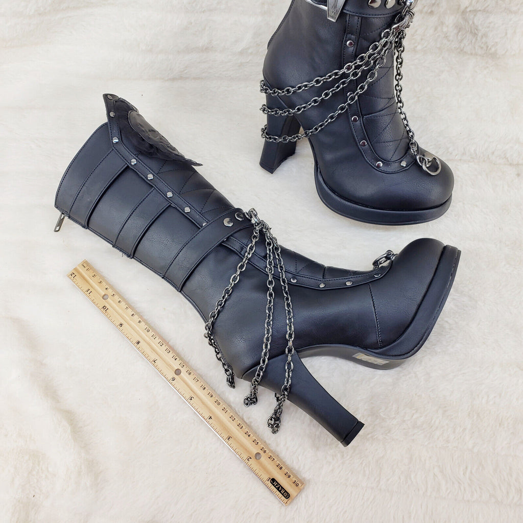 Crypto 67 Coffin Skull & Chain Black Mid Calf Platform Heel Gothic Boots NY - Totally Wicked Footwear