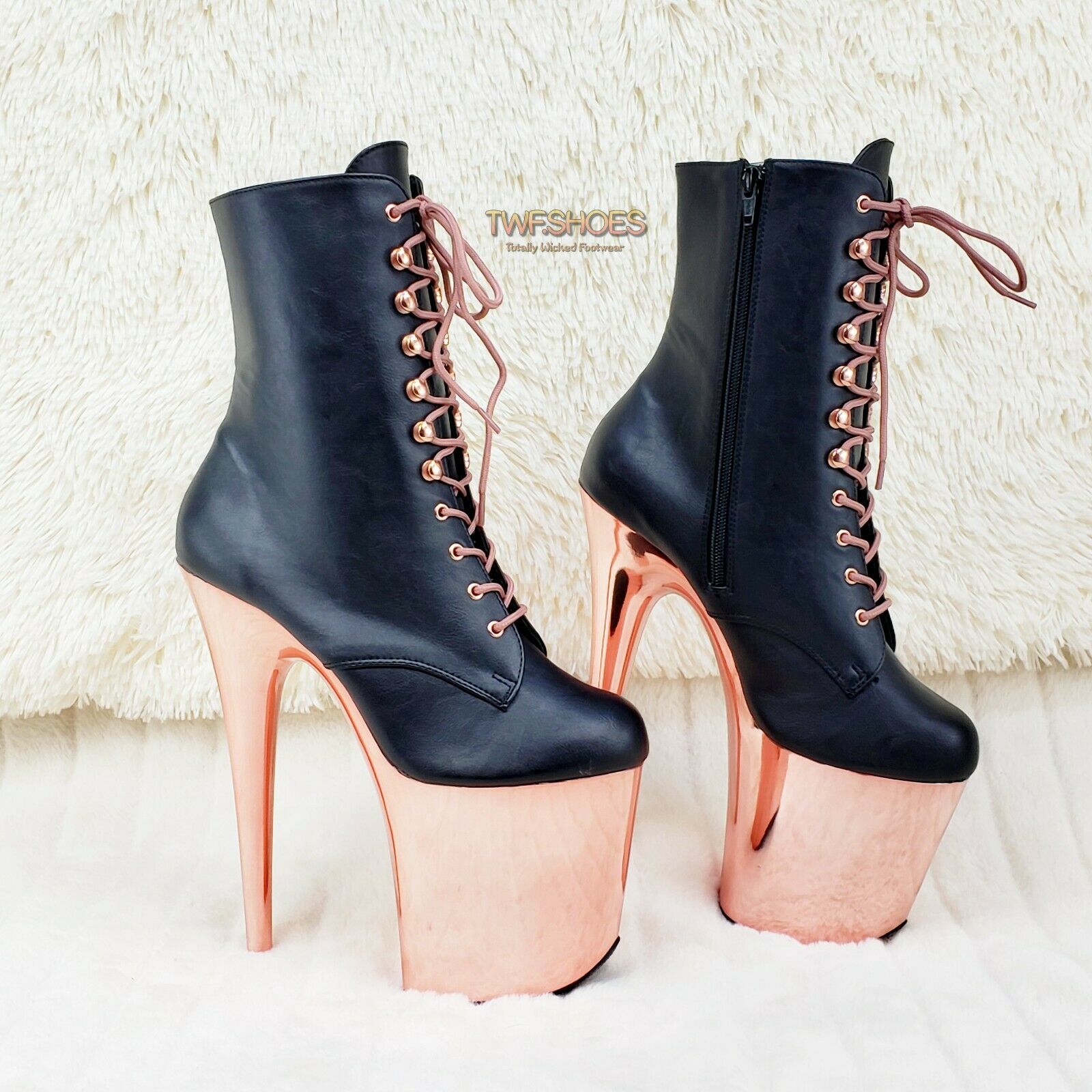 Flamingo 1020 Black Matte Rose Gold Platform 8" Heel Ankle Boots 10 & 12 NY - Totally Wicked Footwear