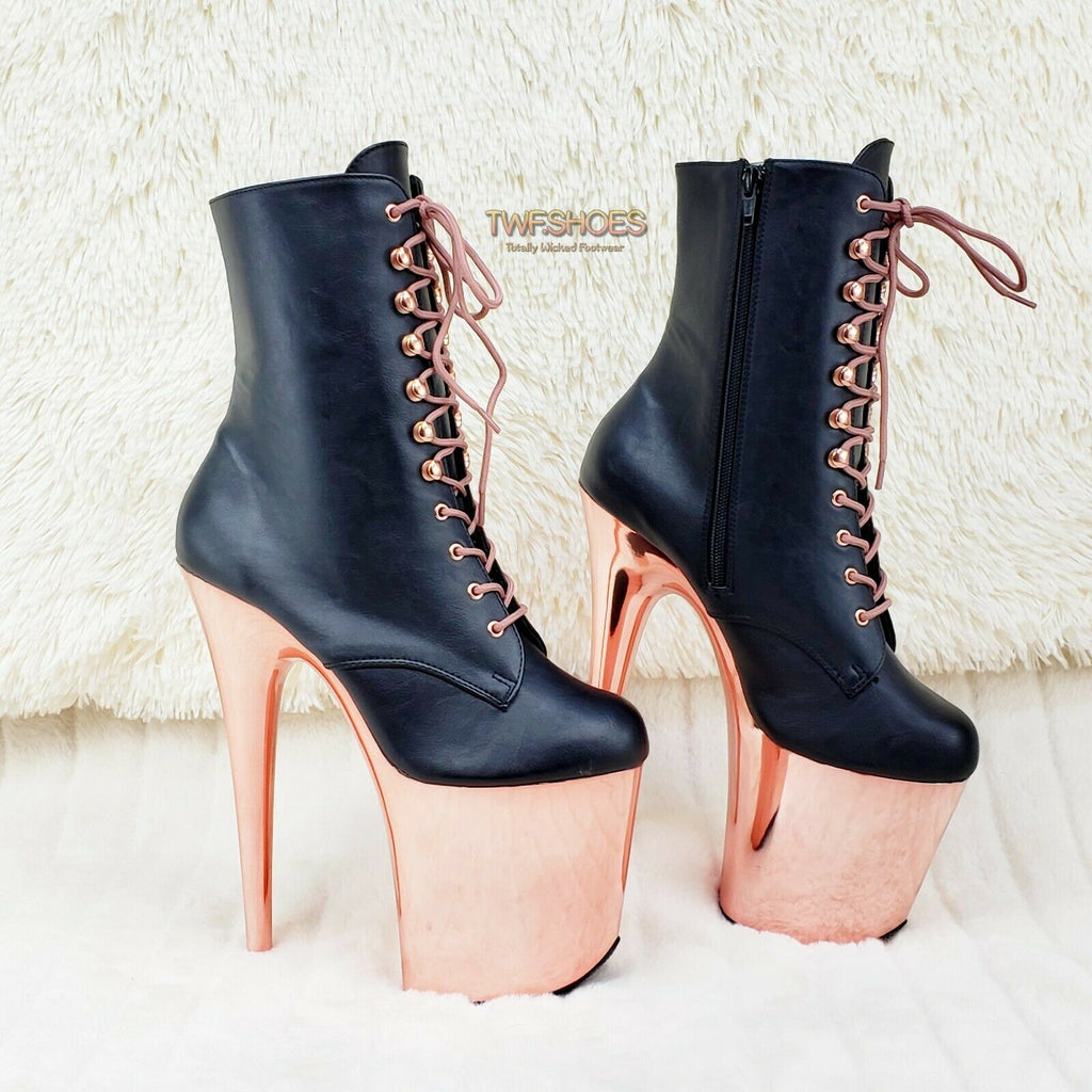 Flamingo 1020 Black Matte Rose Gold Platform 8" Heel Ankle Boots 10 & 12 NY - Totally Wicked Footwear