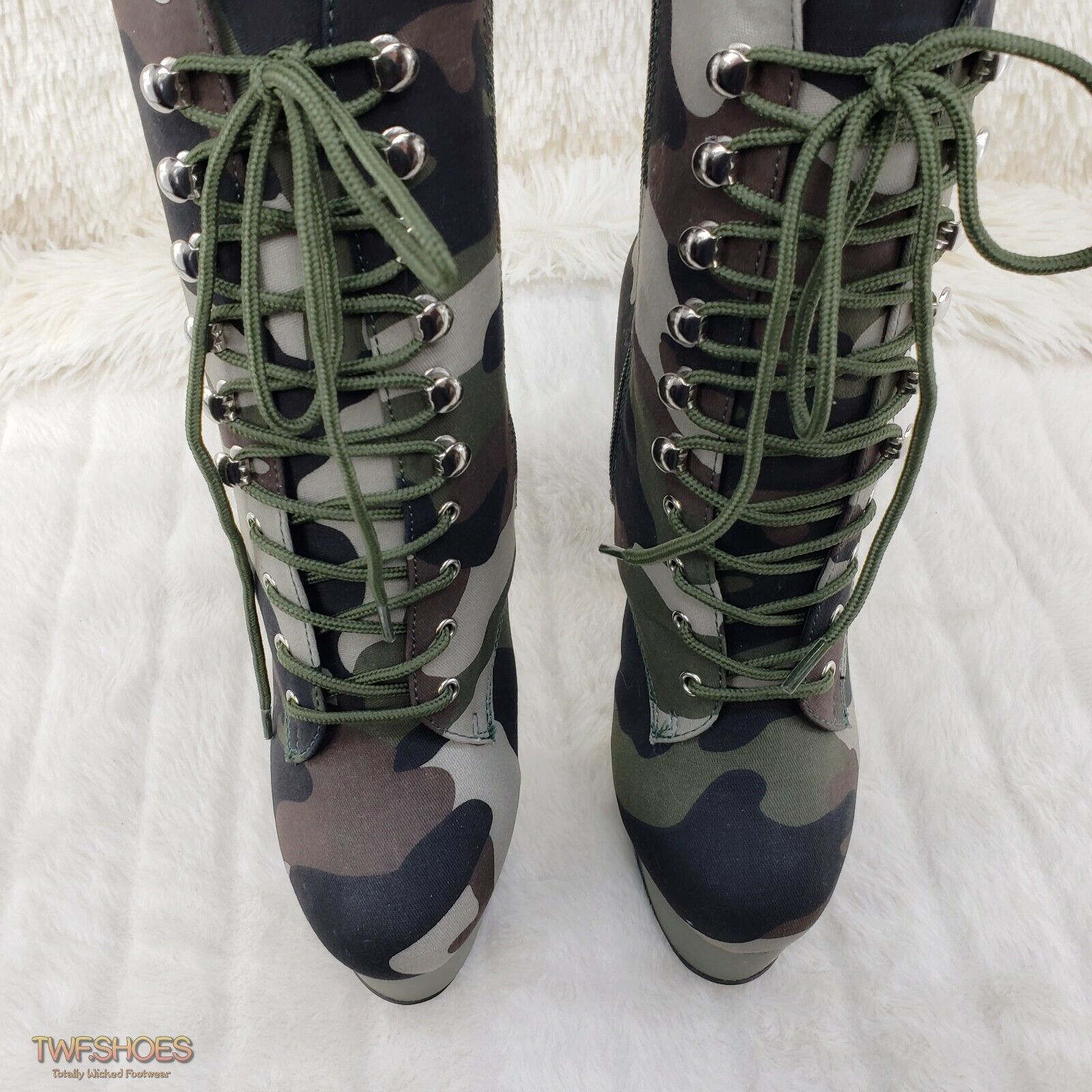 Adore 1020 Green Camo Olive Platform 7" High Heel Lace Up Ankle Boots 7 - 12 NY - Totally Wicked Footwear