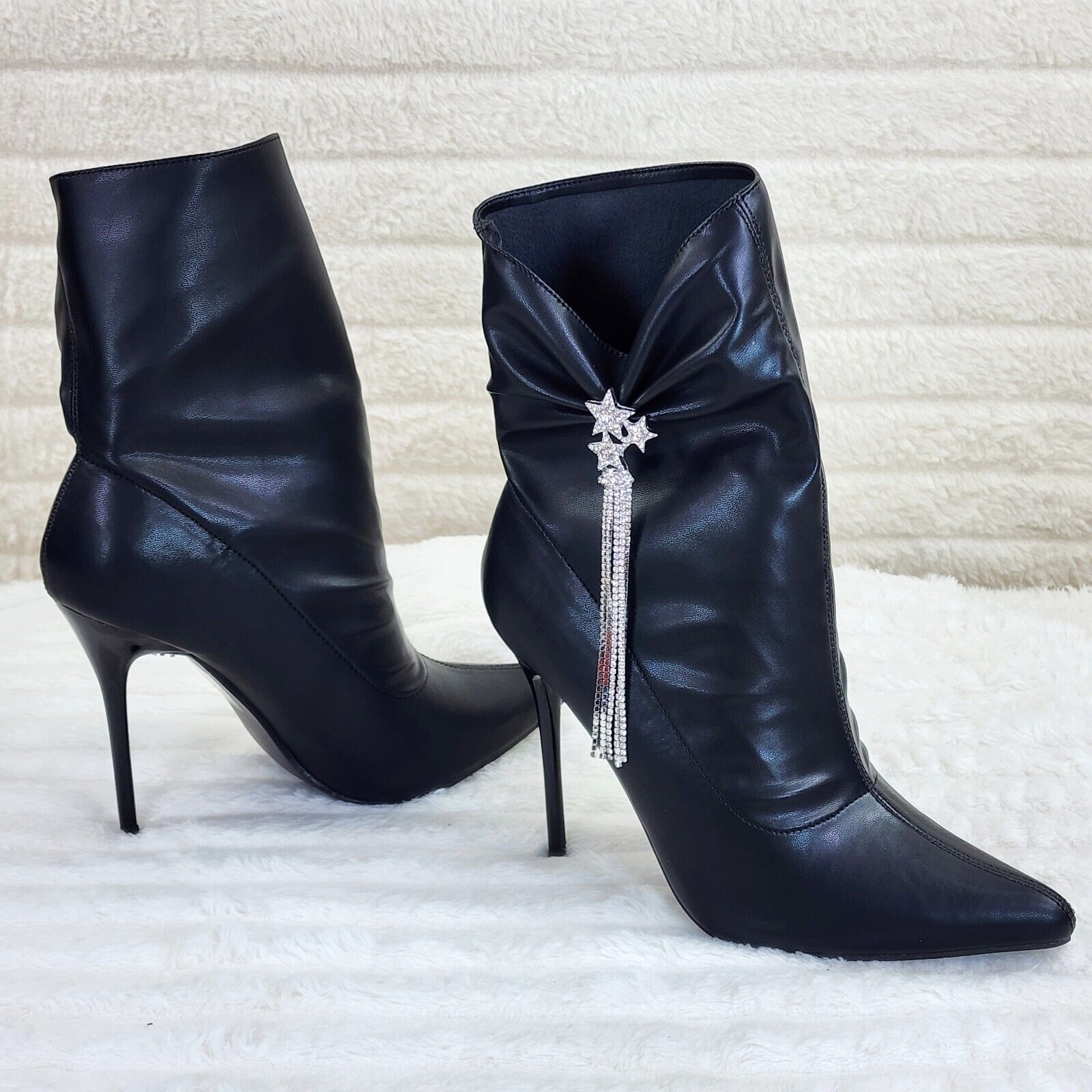 Sherry Black Pull on Drape Rhinestone Pendent High Heel Ankle Boots - Totally Wicked Footwear