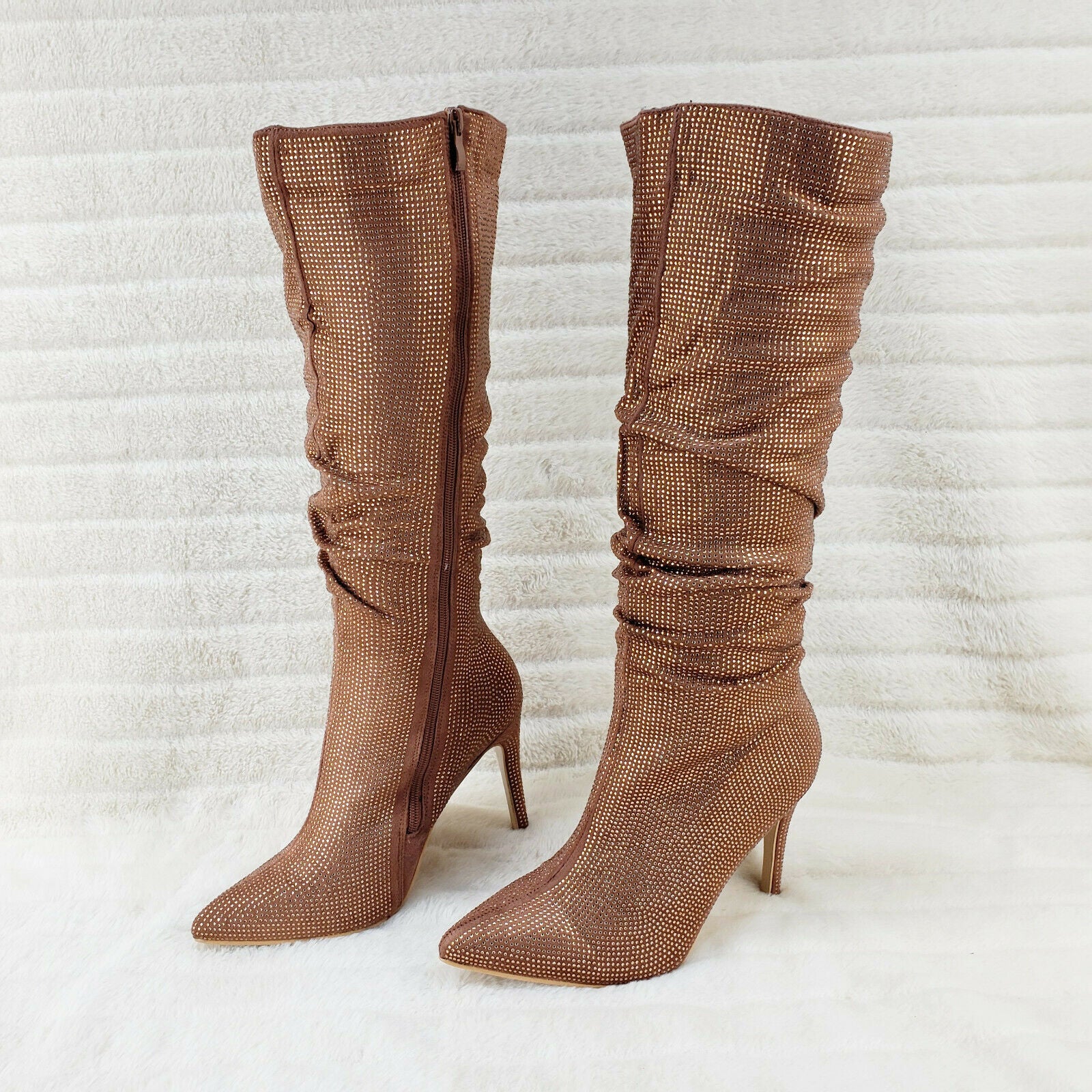 Sparkle Trend Brown Rhinestone Slouchy Scrunch High Heel Knee Boots - Totally Wicked Footwear