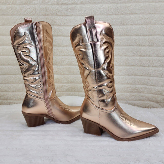 Disco Cowgirl Metallic Rose Gold Cowboy Knee Boots Western Block Heels US Sizes - Totally Wicked Footwear