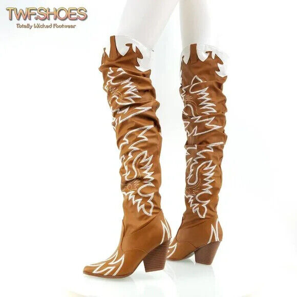 CR Kelsey 21 Rock Star Tan & White Western Slouch OTK Thigh High Cowboy Boot - Totally Wicked Footwear