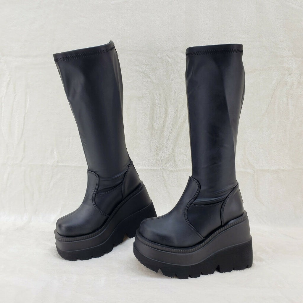Shaker 65WC Wide Calf Stretch Matte Platform 4.5" Wedge Heel Knee Boots NY - Totally Wicked Footwear