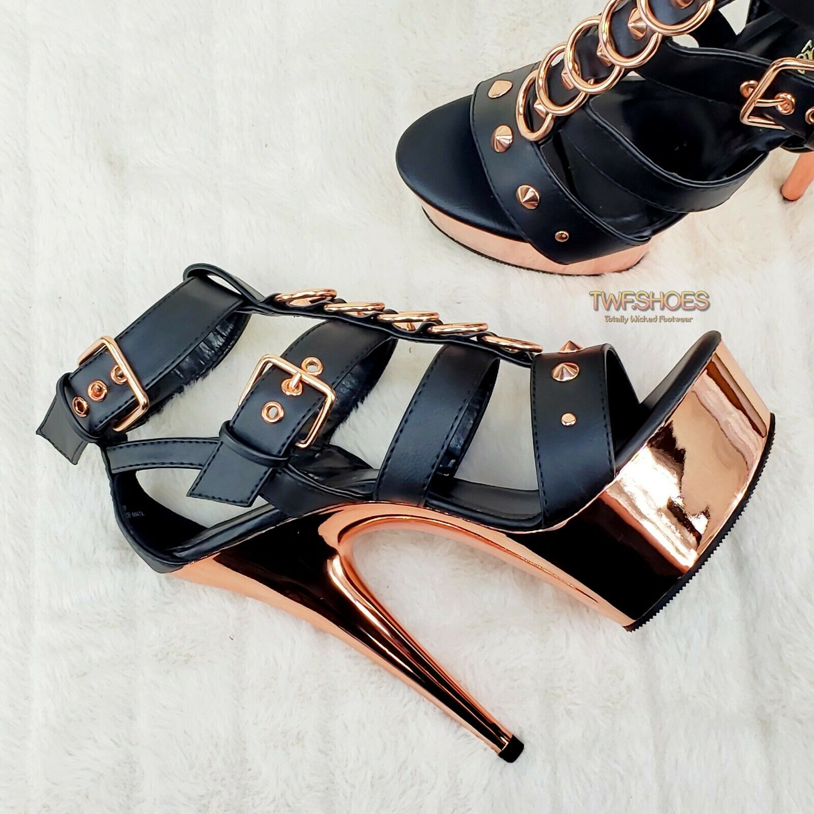 Delight 658 Black Rose Gold Cage Strap 6" High Heel Shoe Bull Ring US Sizes NY - Totally Wicked Footwear
