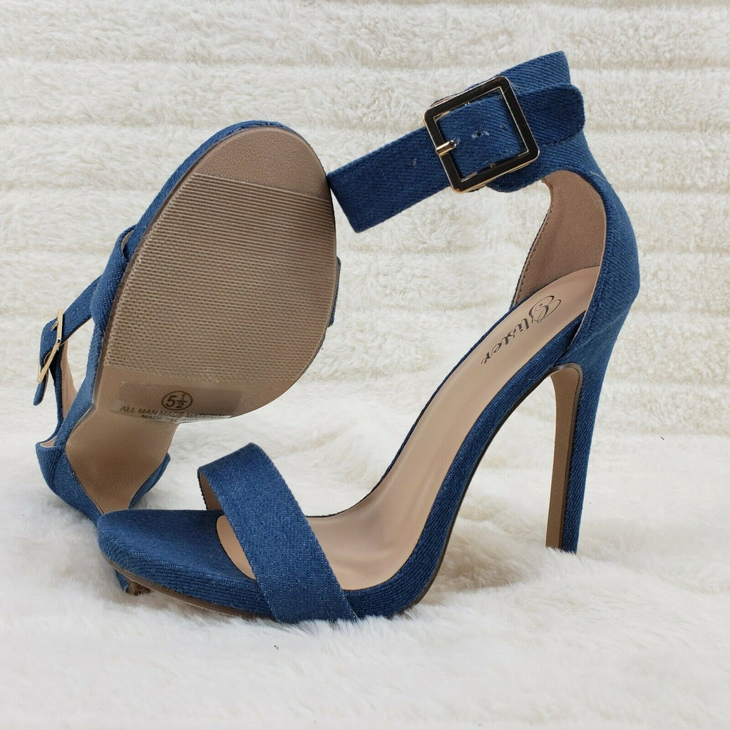 Sexy Medium Blue Denim Ankle Strap 4.5" High Heel Shoes Heels Glister - Totally Wicked Footwear