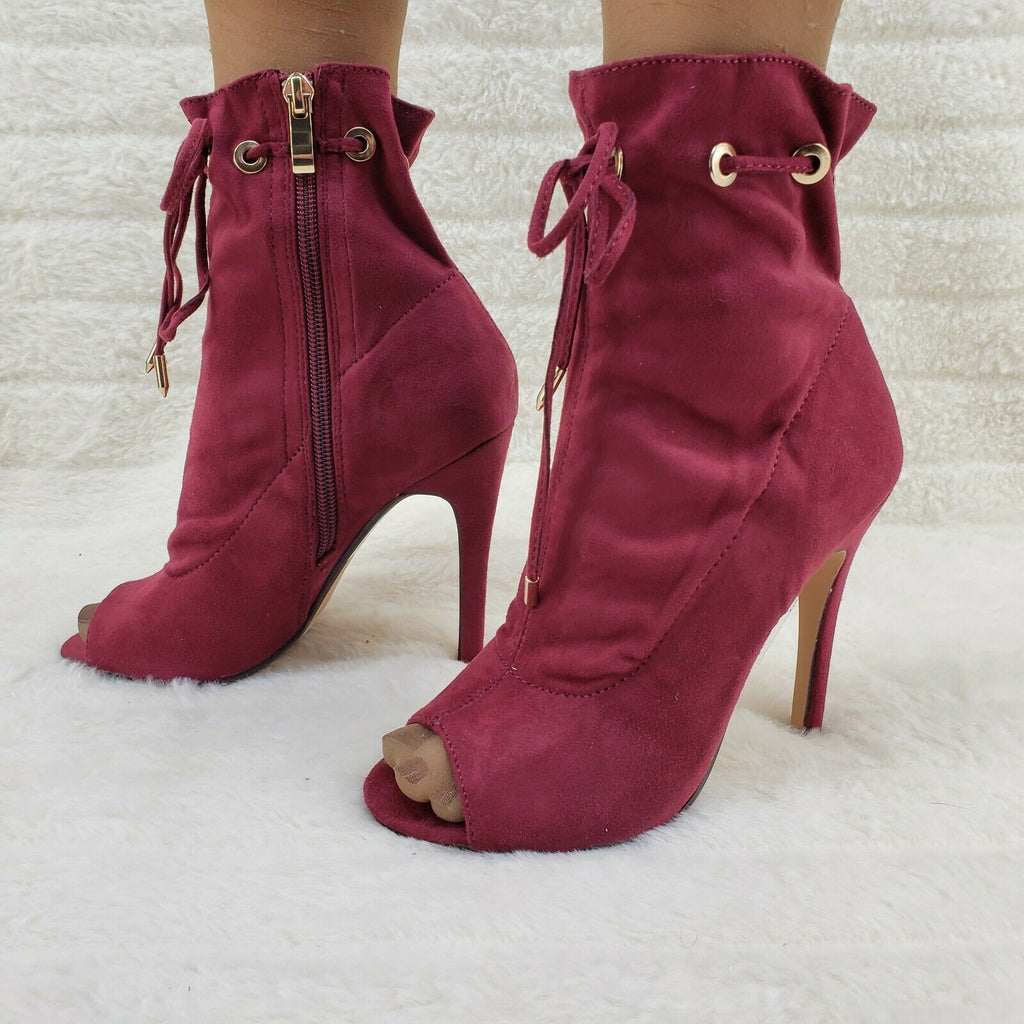 Moody Burgundy Red Drawstring Open Toe High Heel Ankle Boots Glister - Totally Wicked Footwear