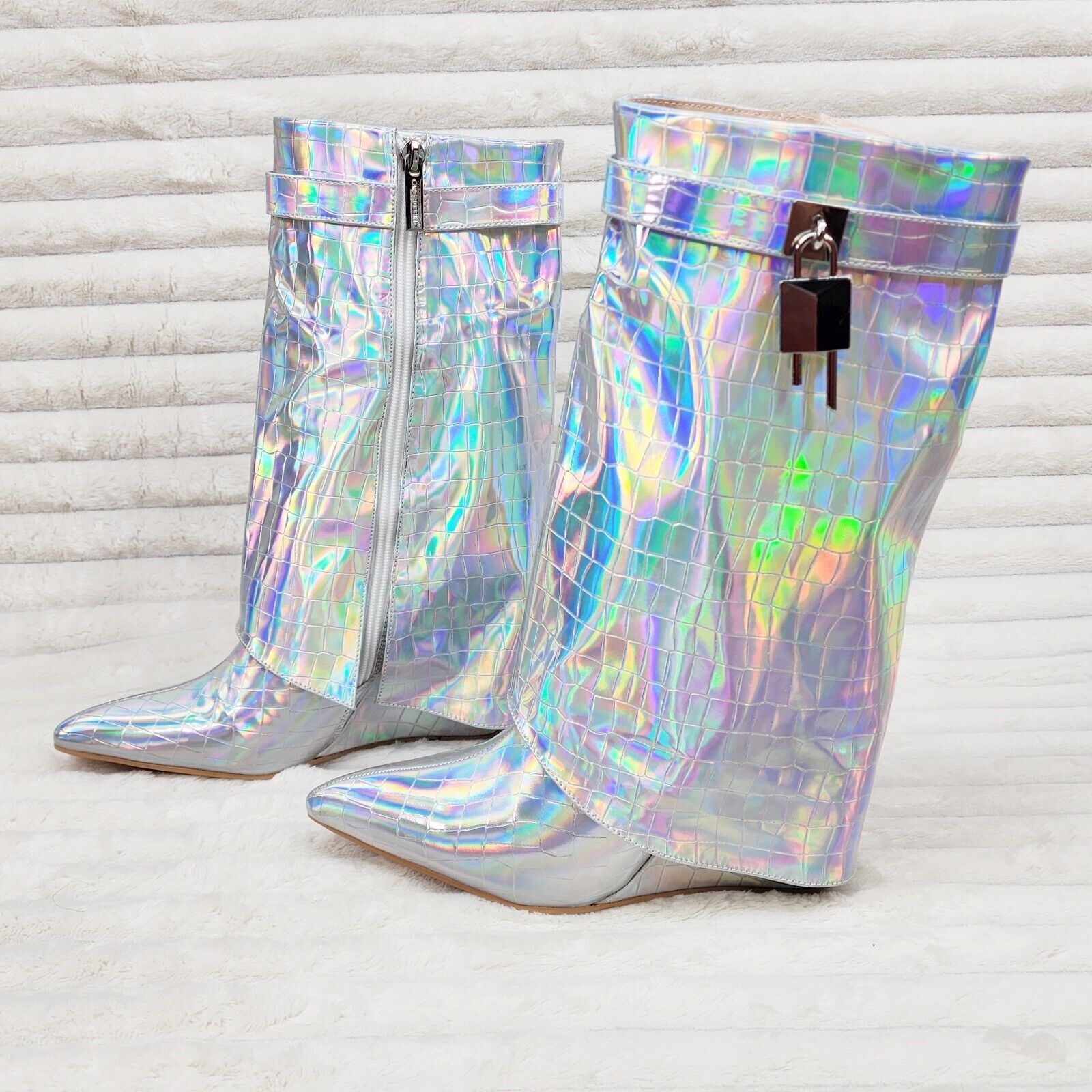 Vision Royal Silver Hologram Wedge Heel Fold Over Skirted Ankle Boots - Totally Wicked Footwear