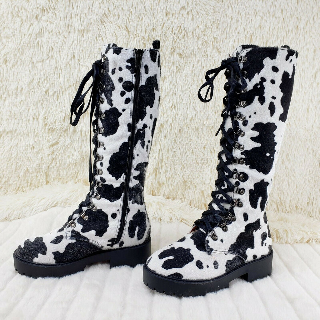 Savage Goth Punk Rock Faux Cow Fur Lace Up Platform Combat Knee Boots - Totally Wicked Footwear