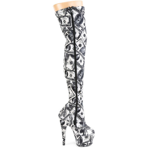Adore 3000DP Money Print Stretch Thigh High Platform 7" Heel Boots 7-14 NY - Totally Wicked Footwear