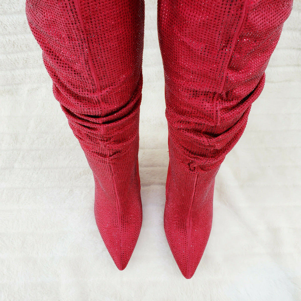 Sparkle Trend Red Rhinestone Slouchy Scrunch High Heel Knee Boots - Totally Wicked Footwear