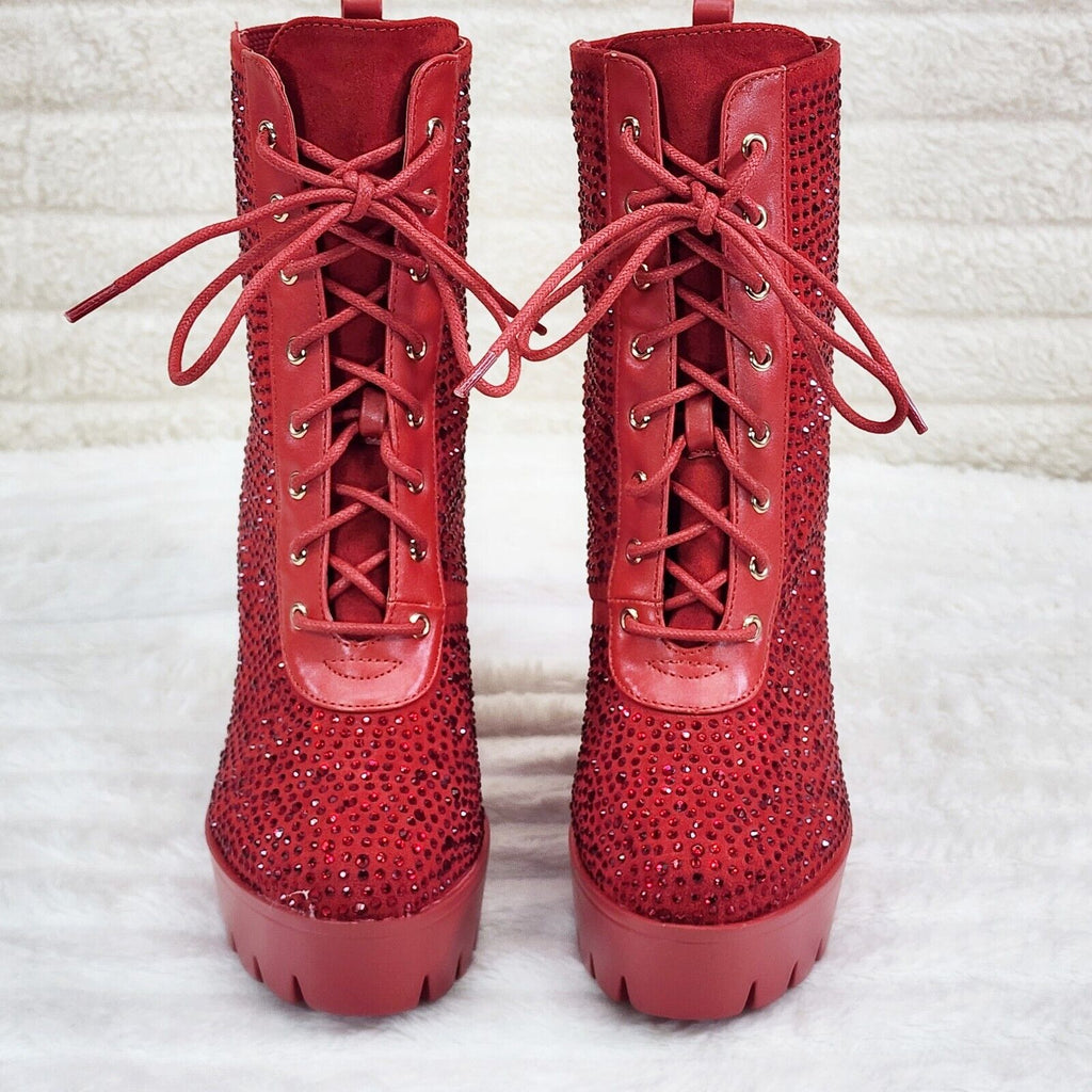 Barri Red Rhinestone Chunky High Heel Platform Ankle Boots - Totally Wicked Footwear