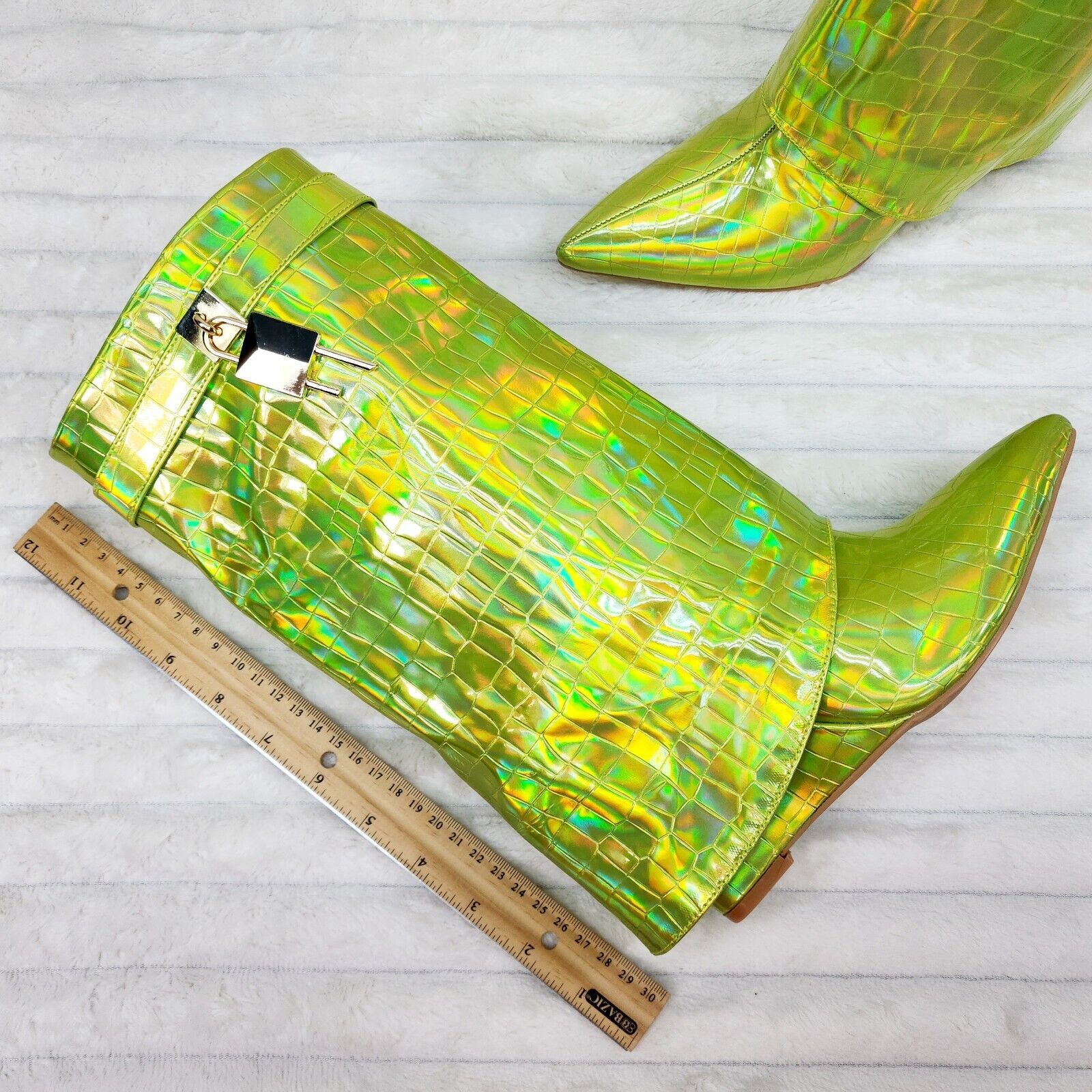 Vision Lime Yellow Hologram Wedge Heel Fold Over Skirted Ankle Boots - Totally Wicked Footwear