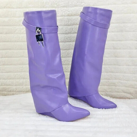 Fold Over Skirted Knee Boots 3" Wedge Heel Pull On Half Zipper Lilac Purple - Totally Wicked Footwear
