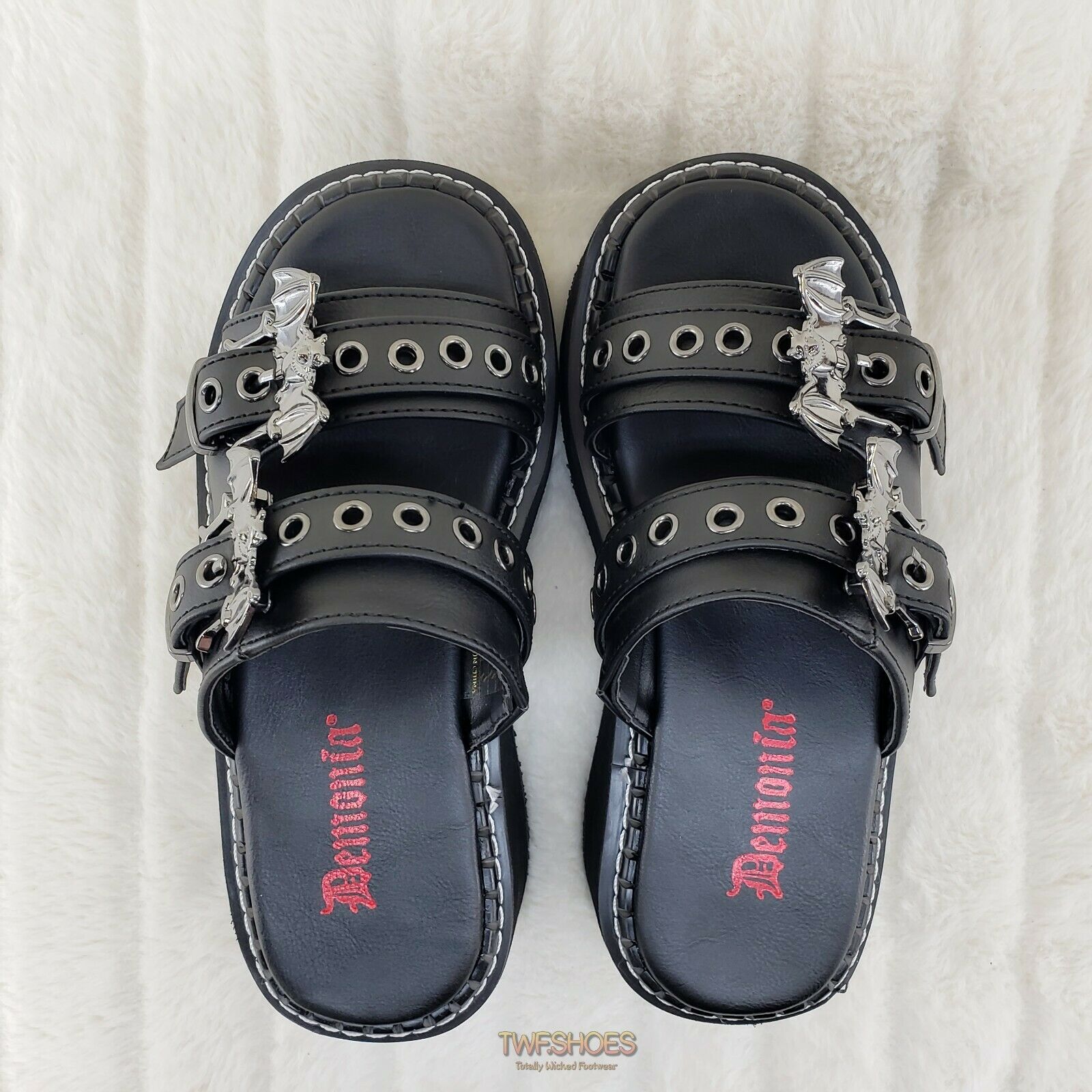 Emily 100 Black 2" Platform Bat Buckle Slip On Sandals Shoes 6-12 NY Restocked - Totally Wicked Footwear