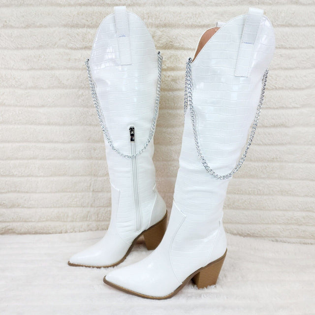 Dallas White Snake Texture Western Knee High Draped Chain Cowgirl Boots - Totally Wicked Footwear