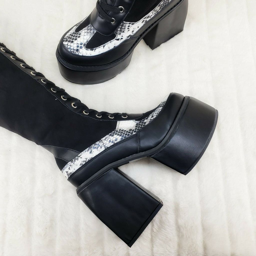 Blogger Block Heel Lace up Platform Goth Punk Festival Knee Boots - Totally Wicked Footwear