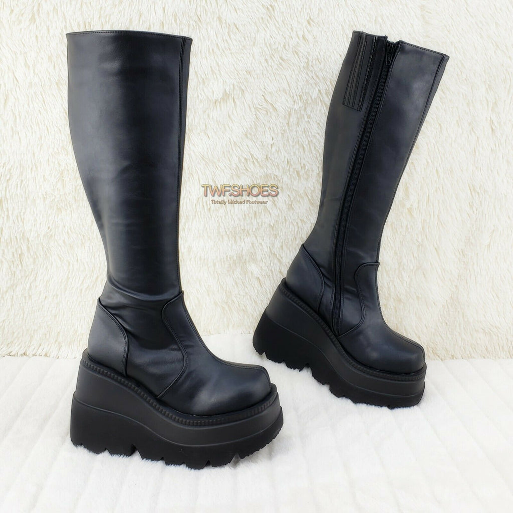 Demonia Shaker 100 Black Matte Platform 4.5" Wedge Heel Knee Boots NY - Totally Wicked Footwear