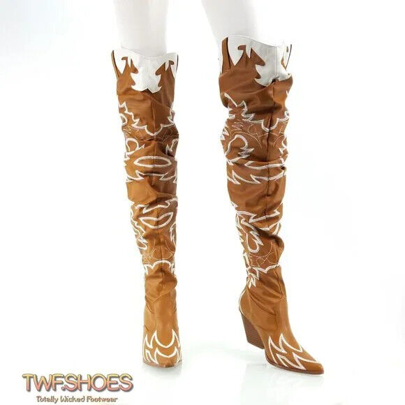 CR Kelsey 21 Rock Star Tan & White Western Slouch OTK Thigh High Cowboy Boot - Totally Wicked Footwear