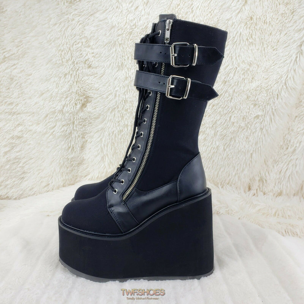Demonia Swing 221 Black Canvas Goth Rave Knee Boot 5.5" Platform RESTOCKED NY - Totally Wicked Footwear
