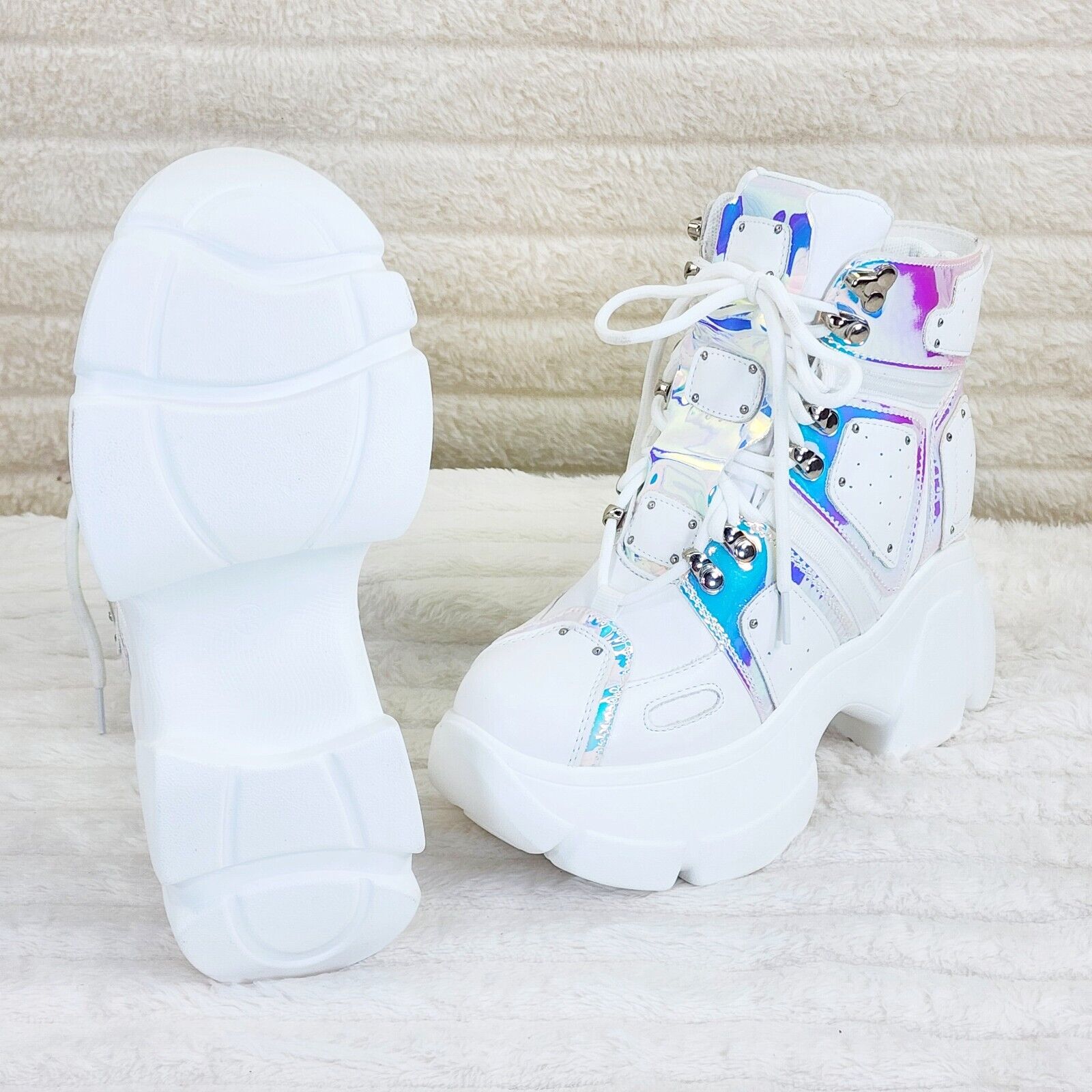 Wang Mangosteen / Passion Lace Up Hidden Wedge Women's Combat Sneakers White - Totally Wicked Footwear