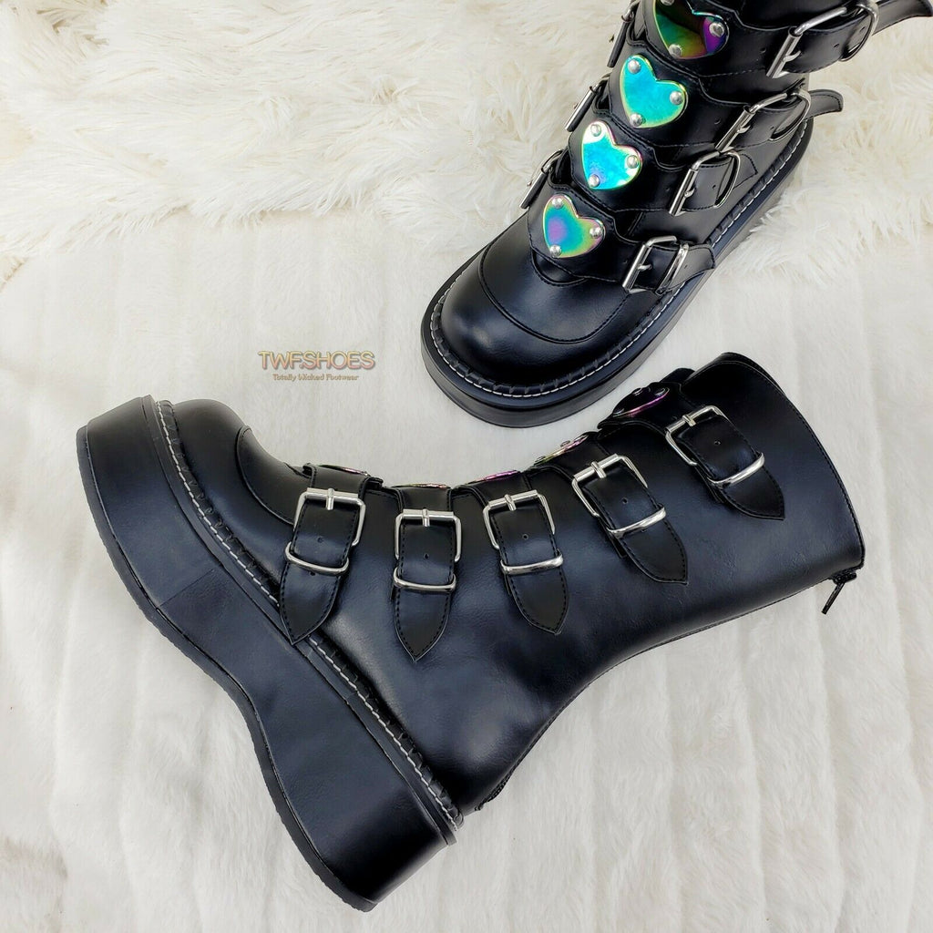 Demonia Emily 330 Black Matte 2" Platform Metal Heart Plate Combat Boots 6-12 NY - Totally Wicked Footwear