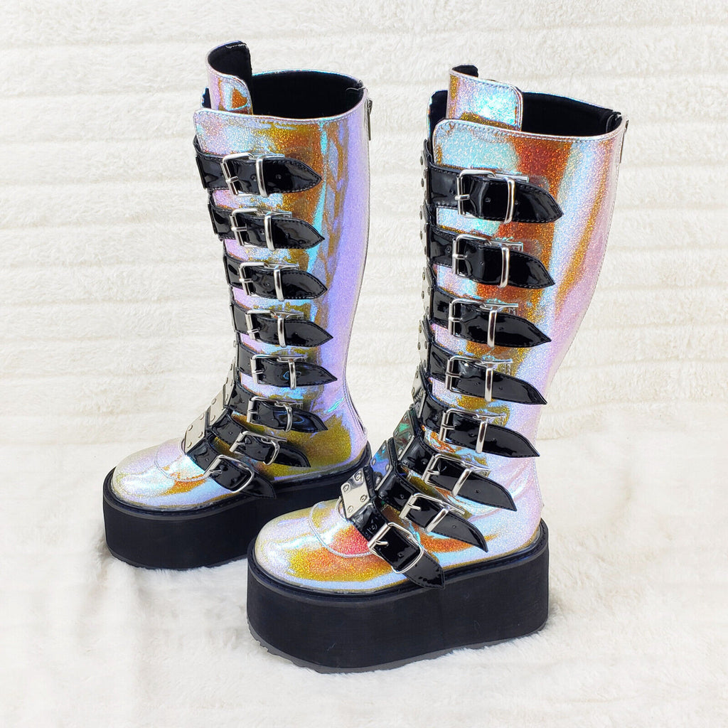 Damned 318 Multi Strap 3.5" Platform Cyber Punk Knee Boots Pink Hologram  NY - Totally Wicked Footwear