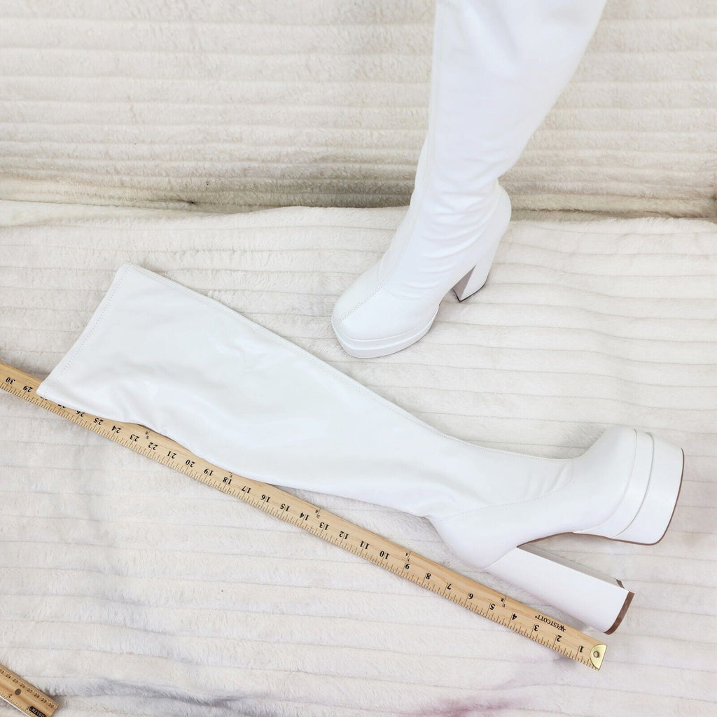 Stomp White Stretch Leatherette Thigh High Chunky Heel Double Platform Boots - Totally Wicked Footwear