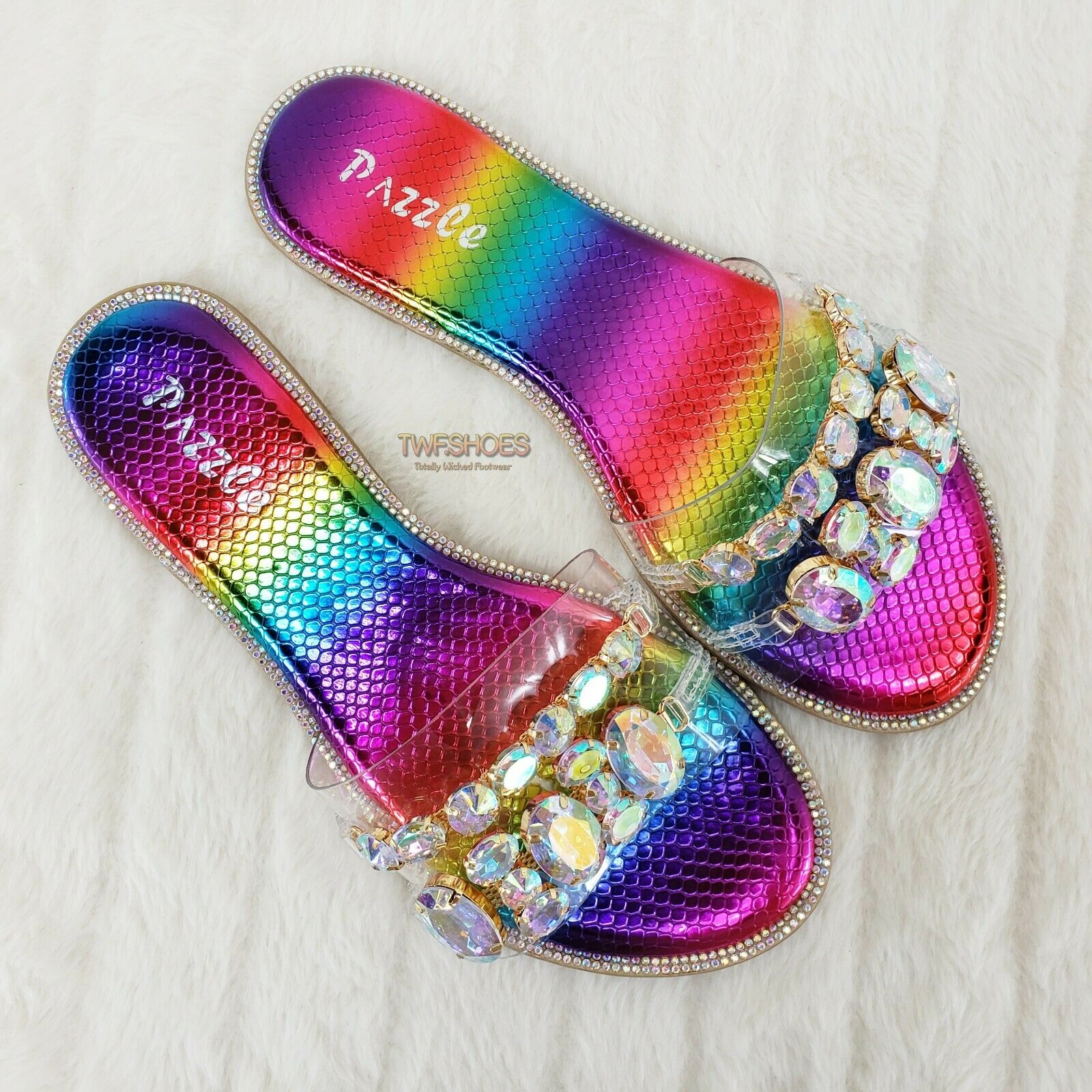 Bella Luna Colorful Rhinestone Flat Summer Sandals Clear Metallic