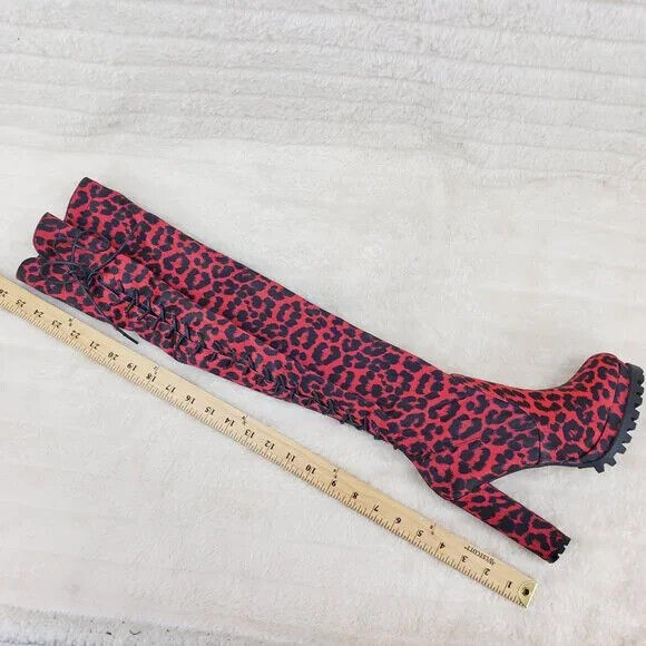 Fever Red Leopard Stretch Lace Up Back OTK Chunky Heel Boots Lug Sole - Totally Wicked Footwear