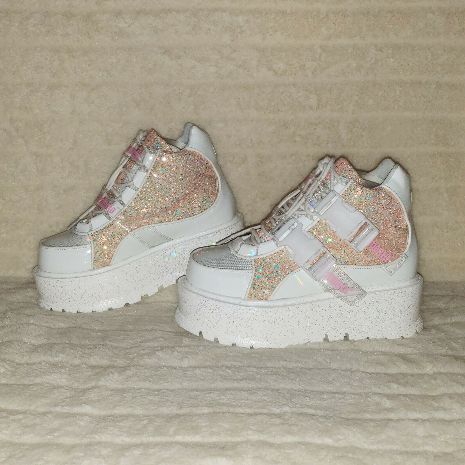 Slacker 50 White Pink Glitter Platform Sneaker Ankle Boots - Totally Wicked Footwear