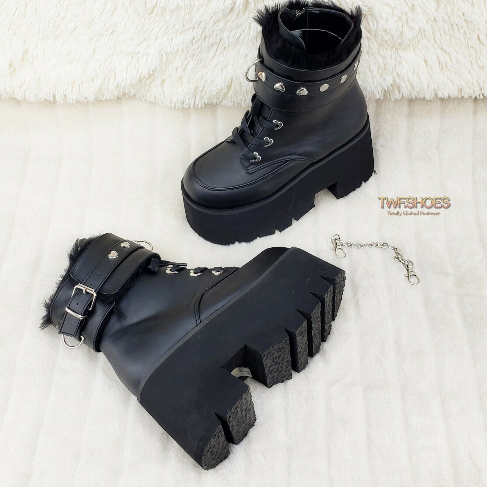 Ashes 57 Black Heart Studs 3.5" Platform Goth Boots Fur Lined Cuffs & Chain NY - Totally Wicked Footwear