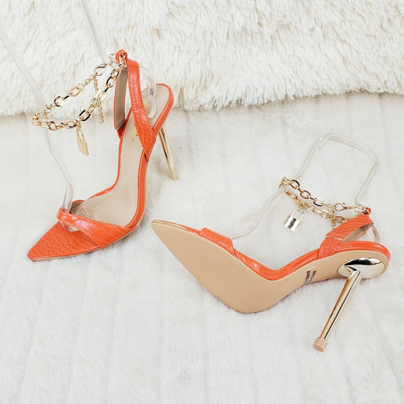 Nicely Pad Lock Chain Strap High Heels Metal Toe Tip Shoes Orange - Totally Wicked Footwear