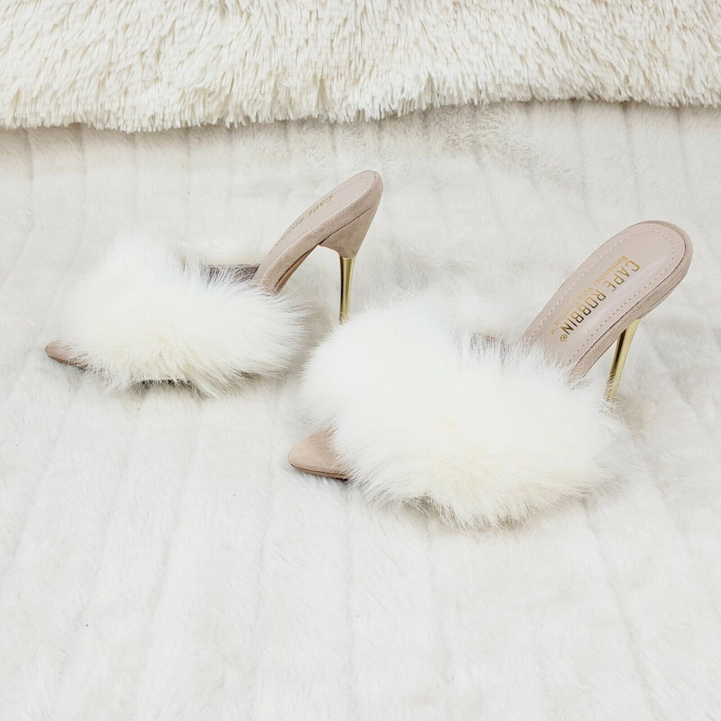 Fuji Furry Pointy Toe Slip On 4.5" Gold Tone Slim Heels Nude - Totally Wicked Footwear