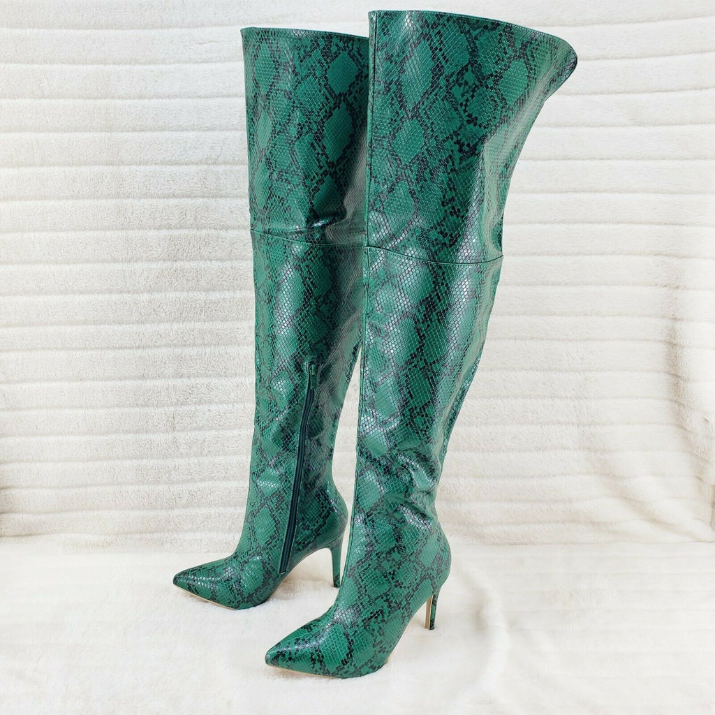 Bad Girlz Green Snake Print Wide Top Thigh High Boots 4" Heels - Totally Wicked Footwear
