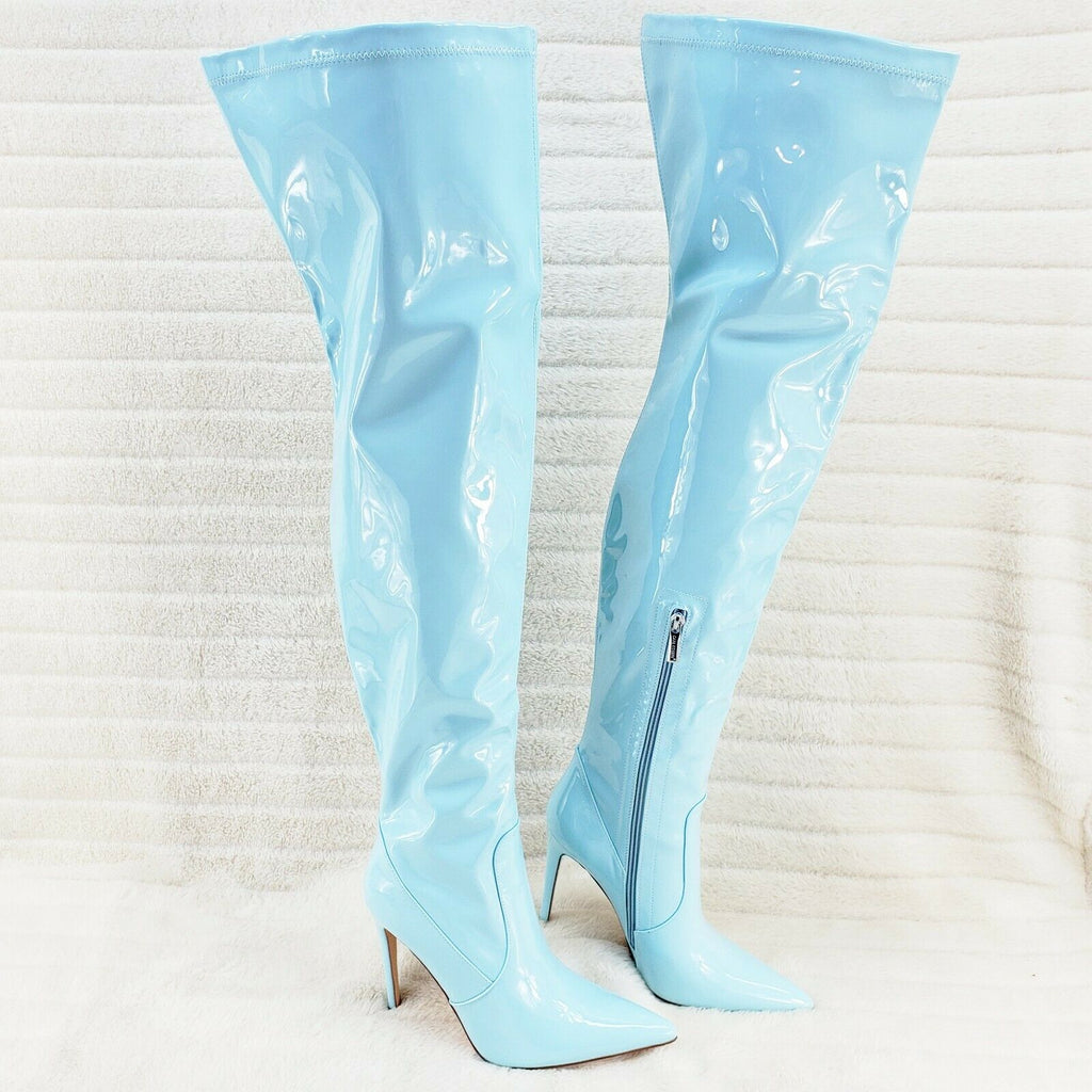 Bad Girlz Baby Blue Patent Wide Top Thigh High Boots 4.5" Heels - Totally Wicked Footwear