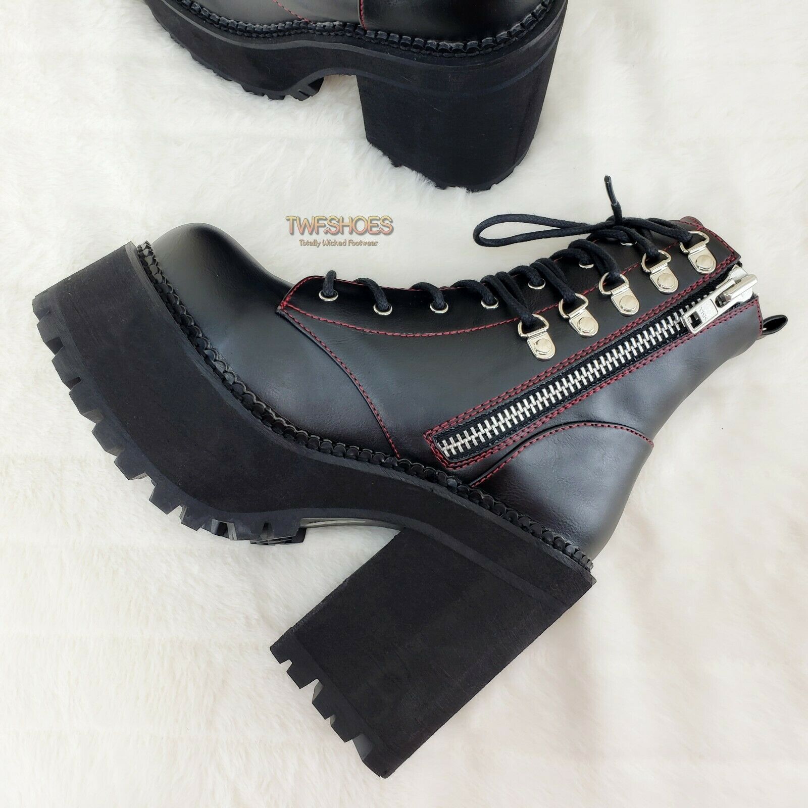 Assault 100 Gothic Punk Heel Cleat Platform Red Stitch Ankle Boot NY - Totally Wicked Footwear