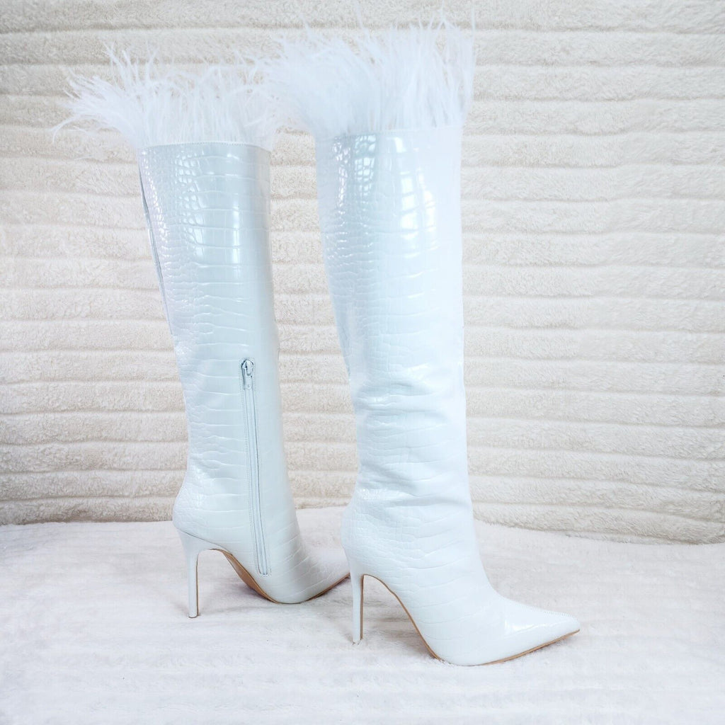 Flirty White Snake Texture Knee High Heel Stiletto Boots Sexy Feather Top - Totally Wicked Footwear