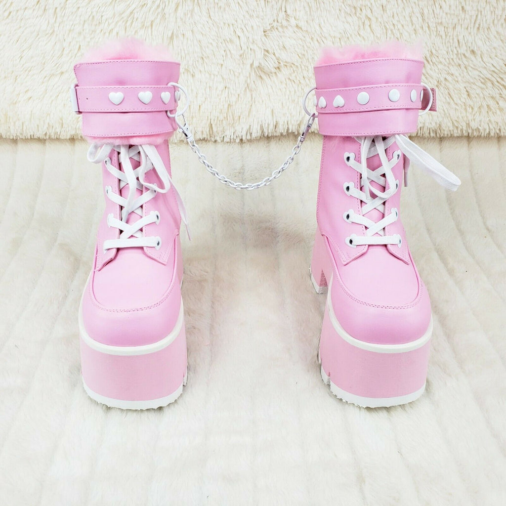 Ashes 57 Pink Heart Studs 3.5" Platform Goth Boots Fur Lined Cuffs & Chain NY - Totally Wicked Footwear